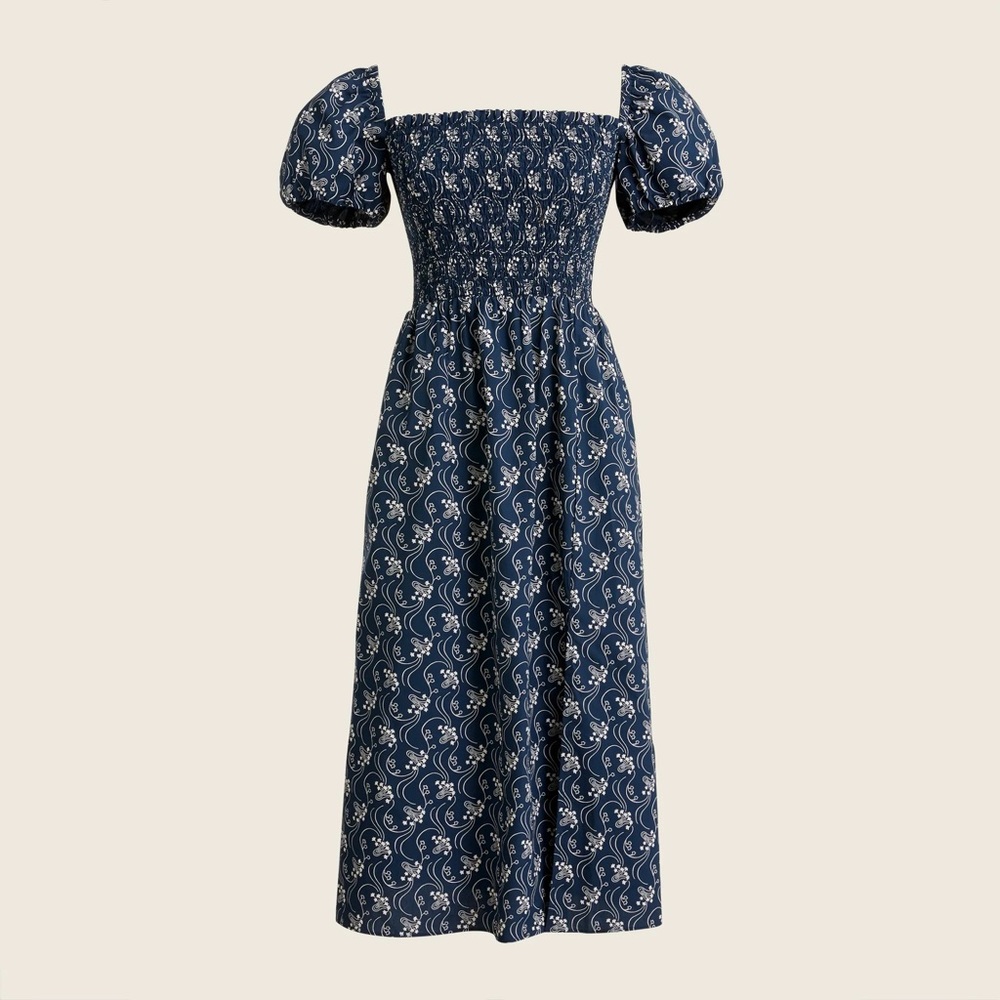 J. Crew Blue and White Puff Sleeve Dress